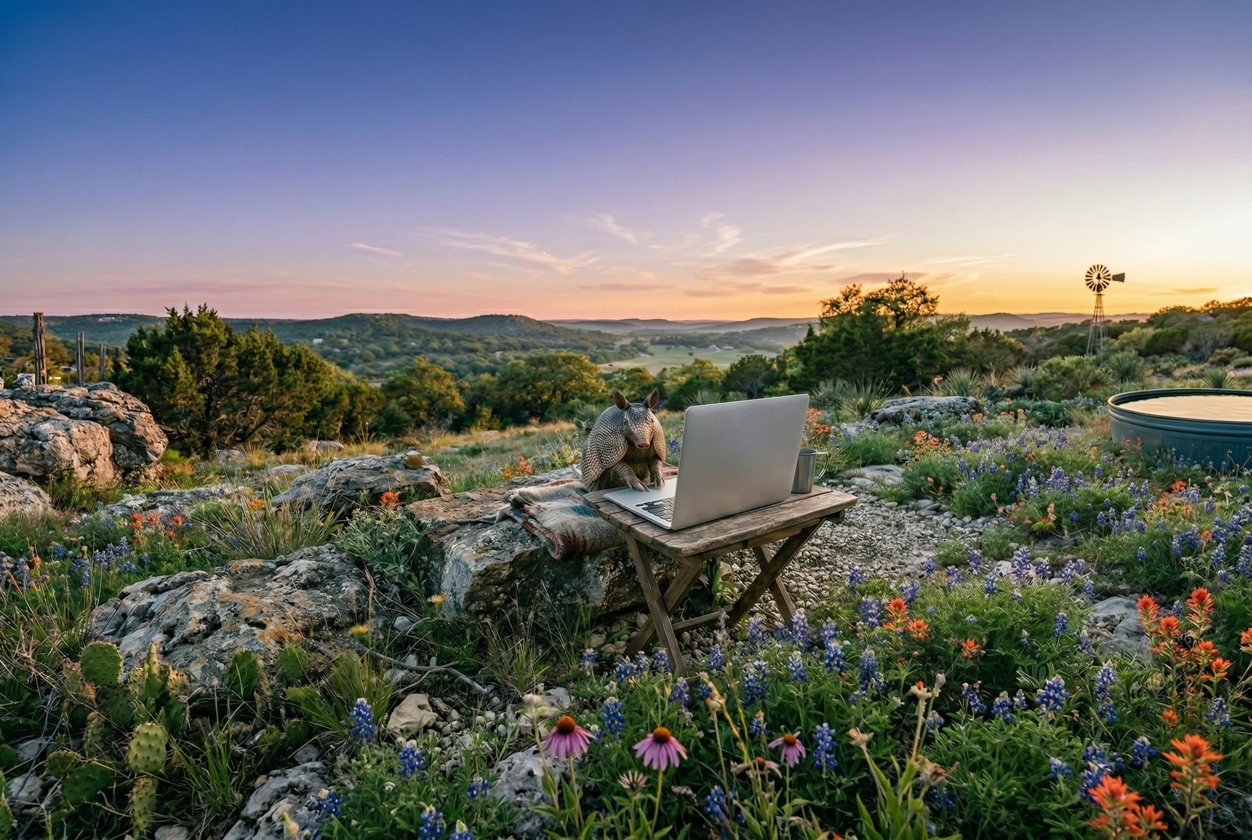 Texas Hill Country landscape with an armadillo working at a laptop